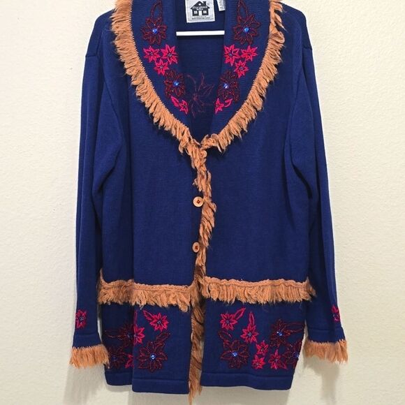 STORYBOOK KNIT Vintage 90s Boho Fringe Beaded Cardigan SZ LARGE - Picture 1 of 9